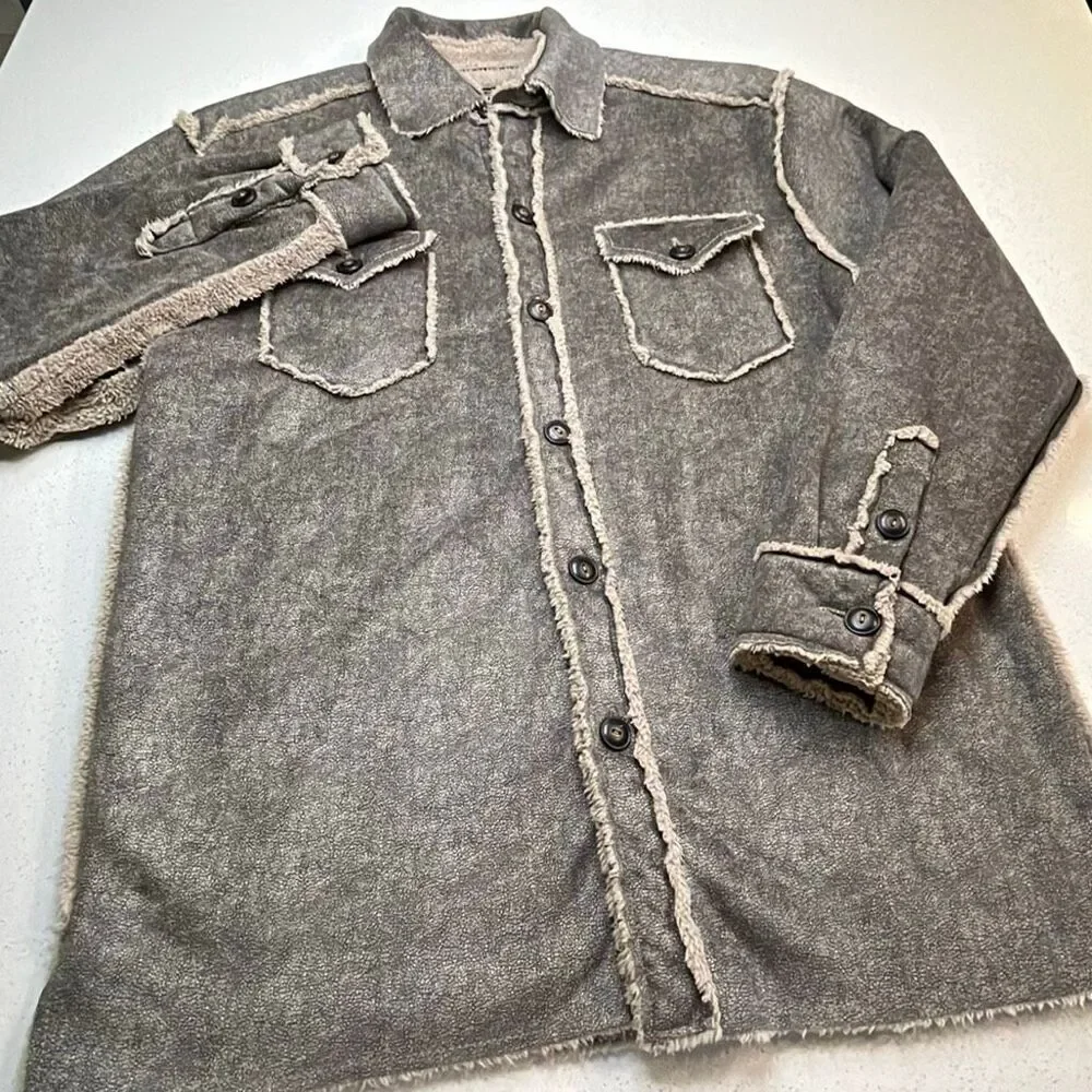 True Grit Mens Medium Sherpa Lined Shirt Jacket Gray Faux Leather Button Front S